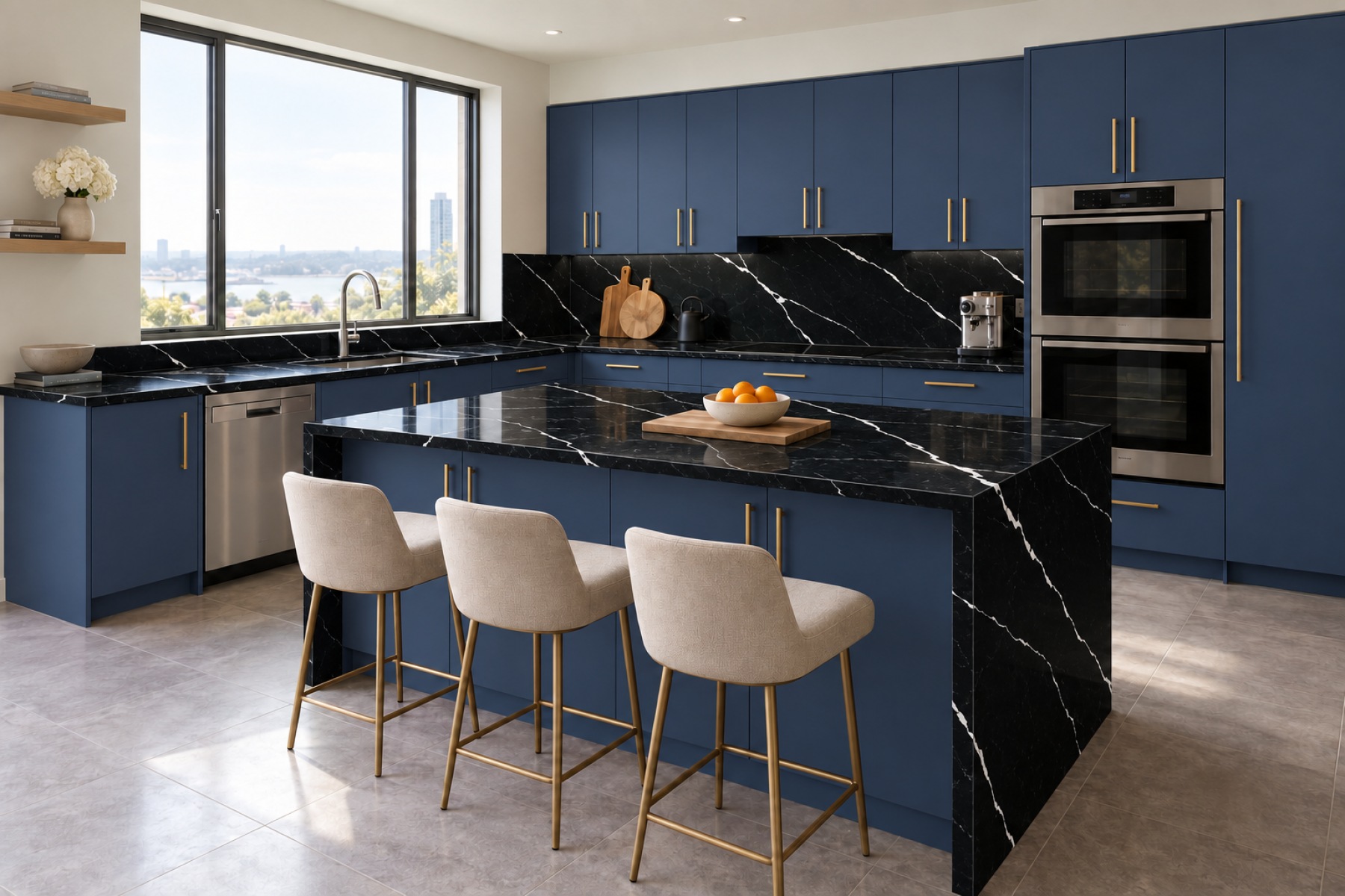Nero Marquina worktop set into a fitted kitchen